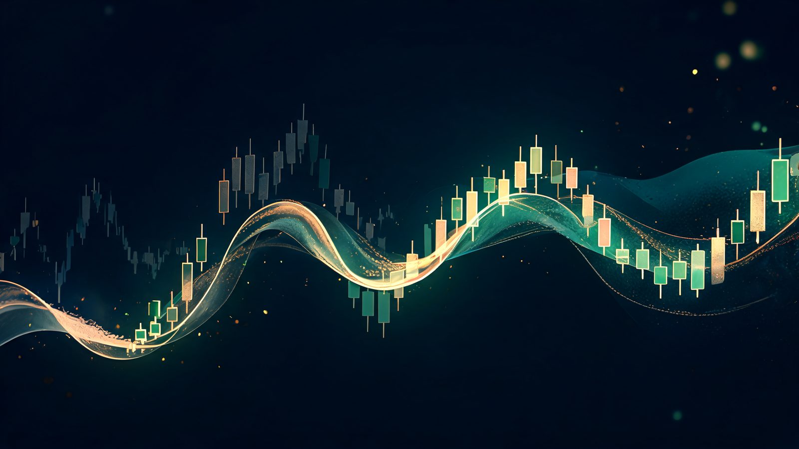 Smooth flowing ribbon of averaged candlestick bars curving across a dark field