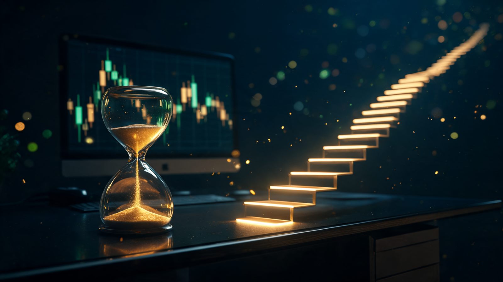 An hourglass of glowing golden sand beside a long winding uphill path of illuminated steps receding into the distance