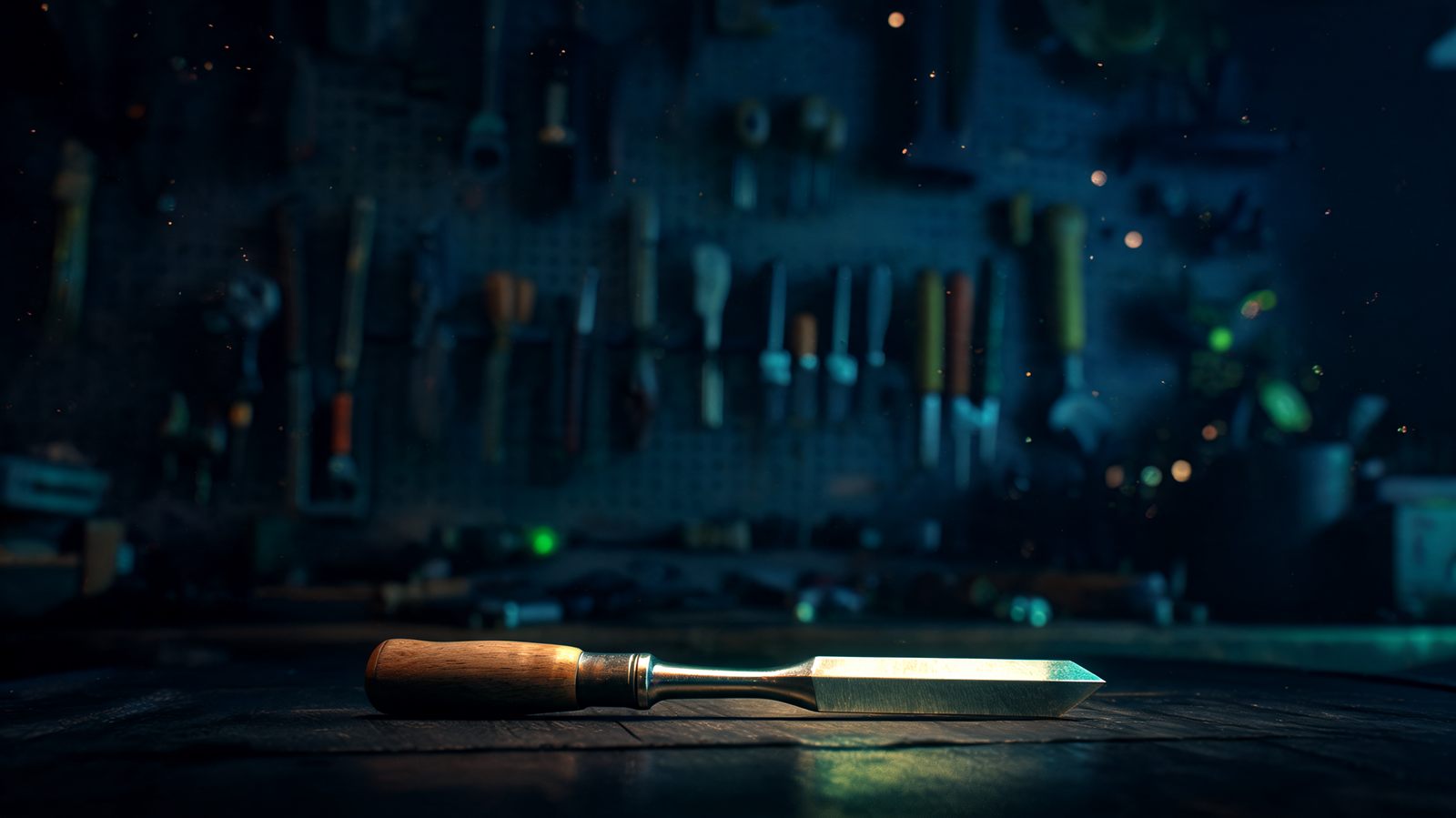 A single sharp chisel lit in sharp focus on a dark workbench while a crowded rack of other tools recedes into blur behind it