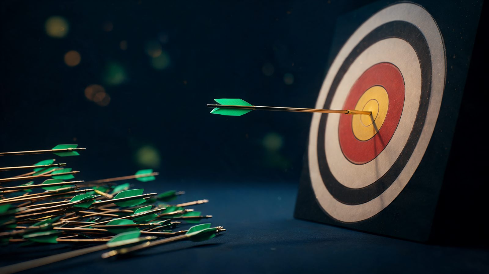A single arrow struck in the centre of a target beside a scattered pile of spent arrows fallen short on a dark surface