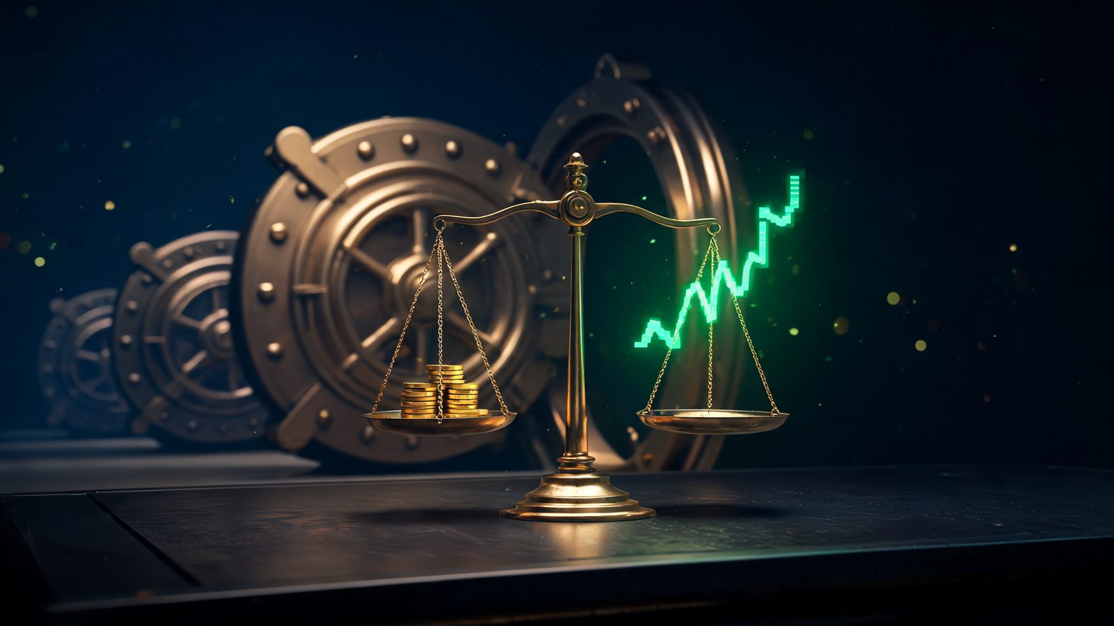 Balance scales weighing a modest stack of coins against a glowing market chart with tiered vault doors behind them