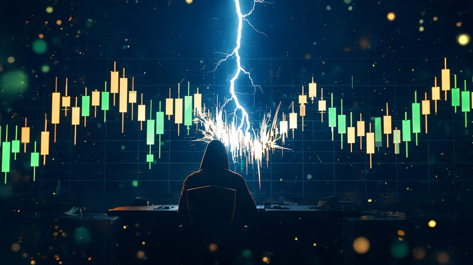 A fork of lightning striking through a wall of glowing candlestick bars above a darkened trading desk