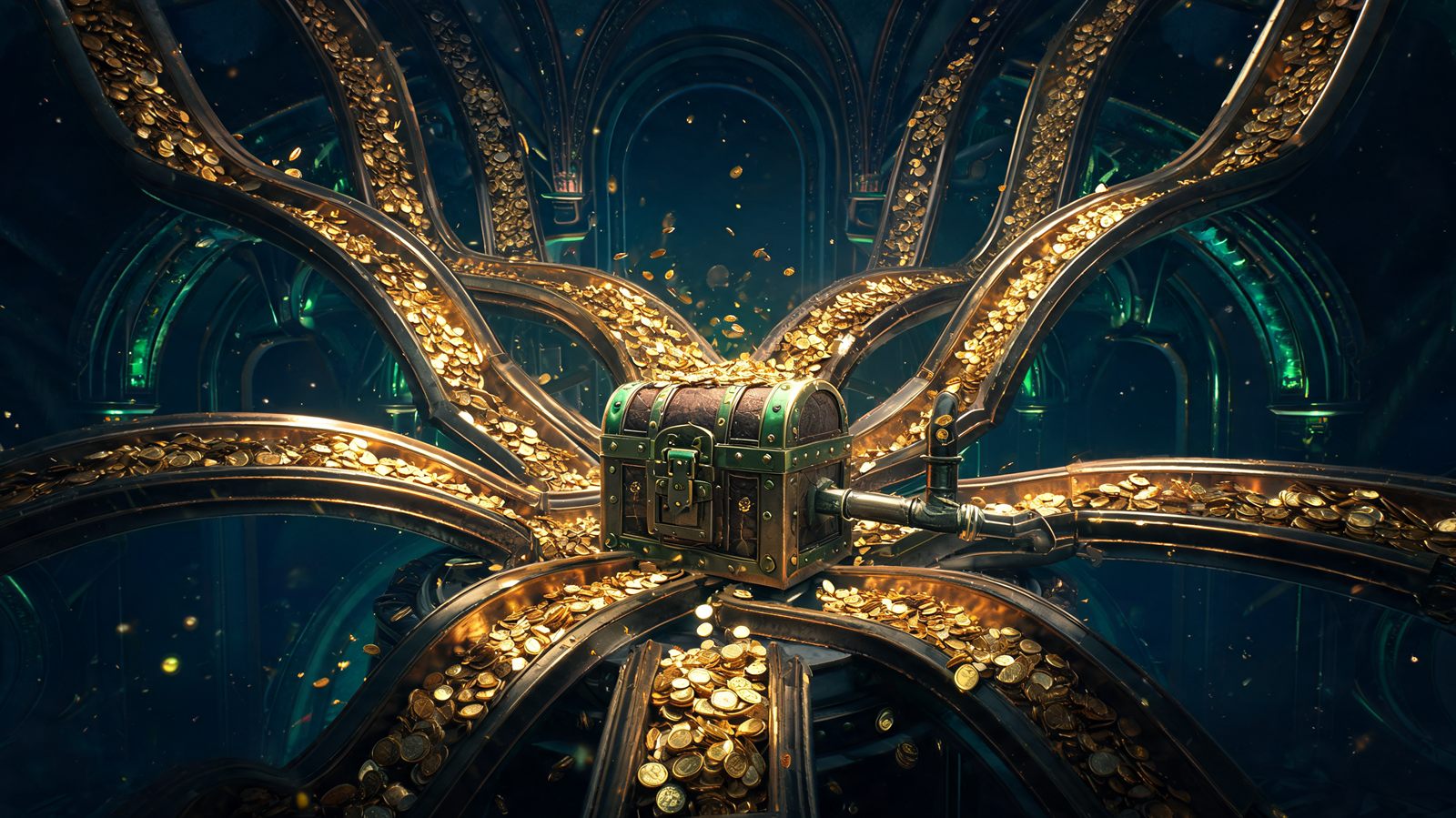 A vault chamber cross-section with hundreds of glowing coins streaming inward toward a central strongbox and only a thin trickle flowing back out