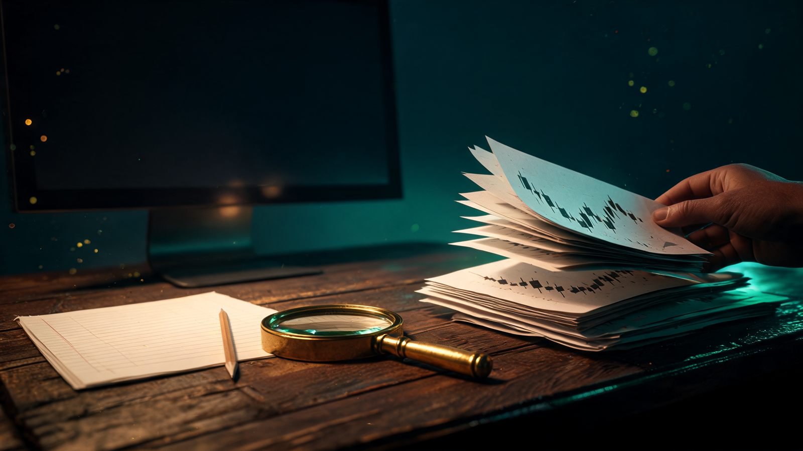 A night desk with a hand-ruled paper ledger, pencil, brass magnifying glass and a stack of printed candlestick chart pages being flipped through