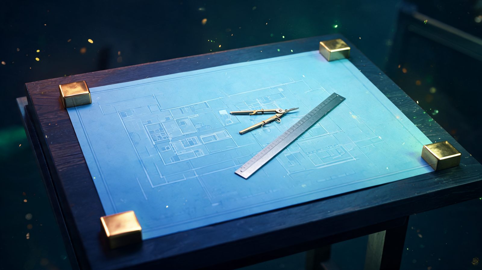 An architect's blueprint unrolled on a dark drafting table, weighted with brass blocks, a drafting compass and steel ruler laid across it