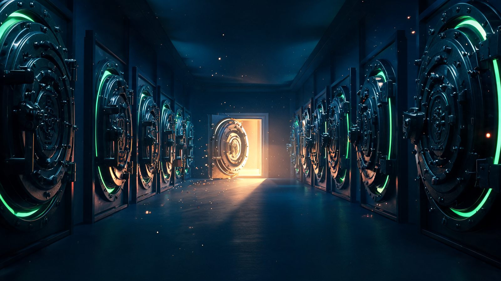 A dark corridor lined with identical steel vault doors, one standing open and spilling warm light across the floor