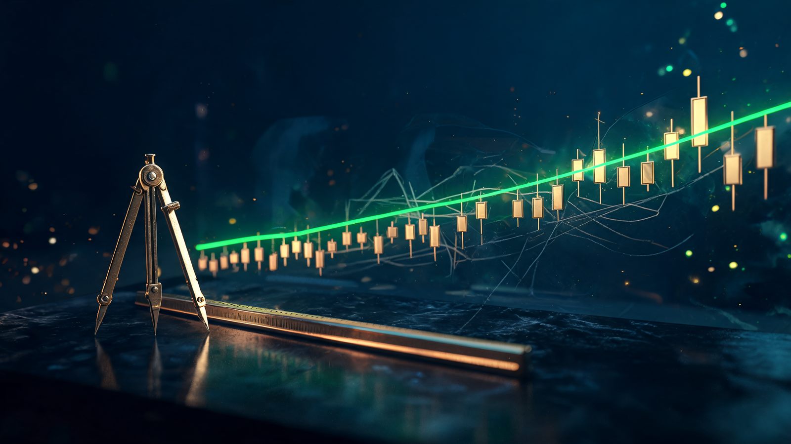 A draftsman's straightedge and brass compass on dark glass with one glowing emerald line running through a series of rising candlestick peaks