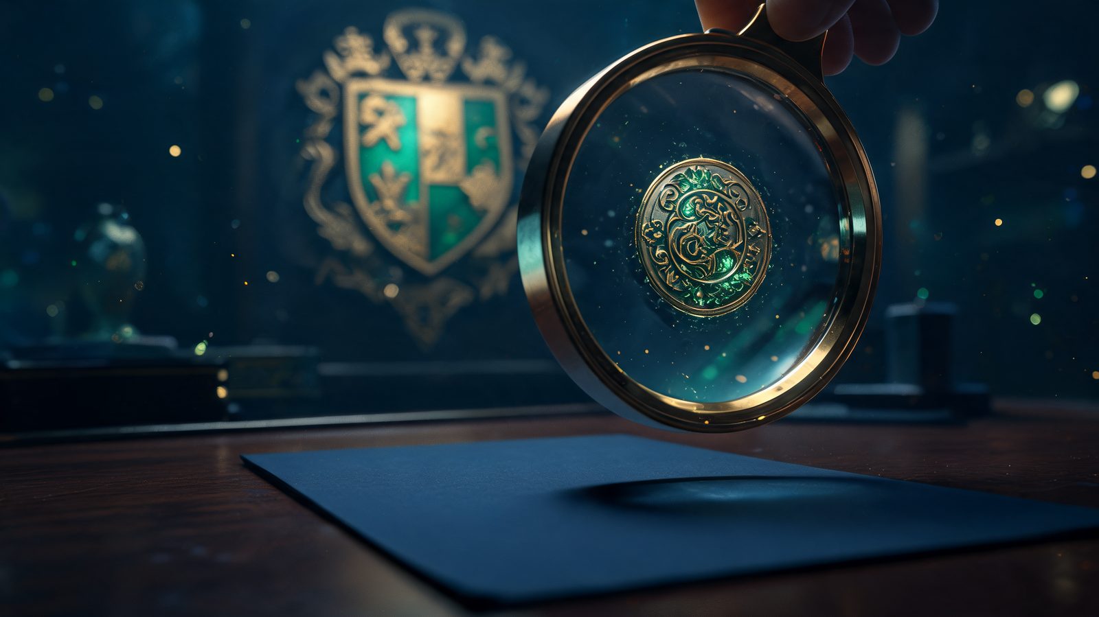 Magnifying glass over a document revealing a verification seal, with a shield emblem behind