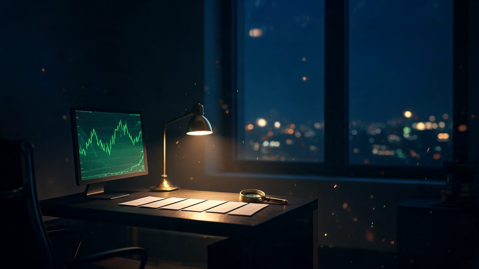 A quiet home trading desk at night, one lamp lit, a short row of prepared cards laid beside a chart on screen