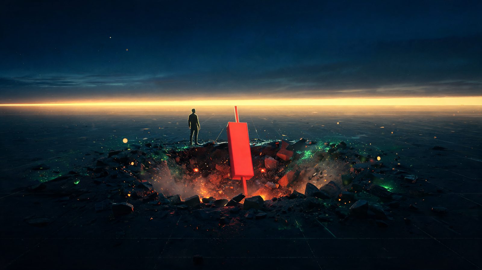 A single deep red candlestick has punched a crater into a dark chart floor while a steady gold line of dawn light rises unbroken across the horizon behind it