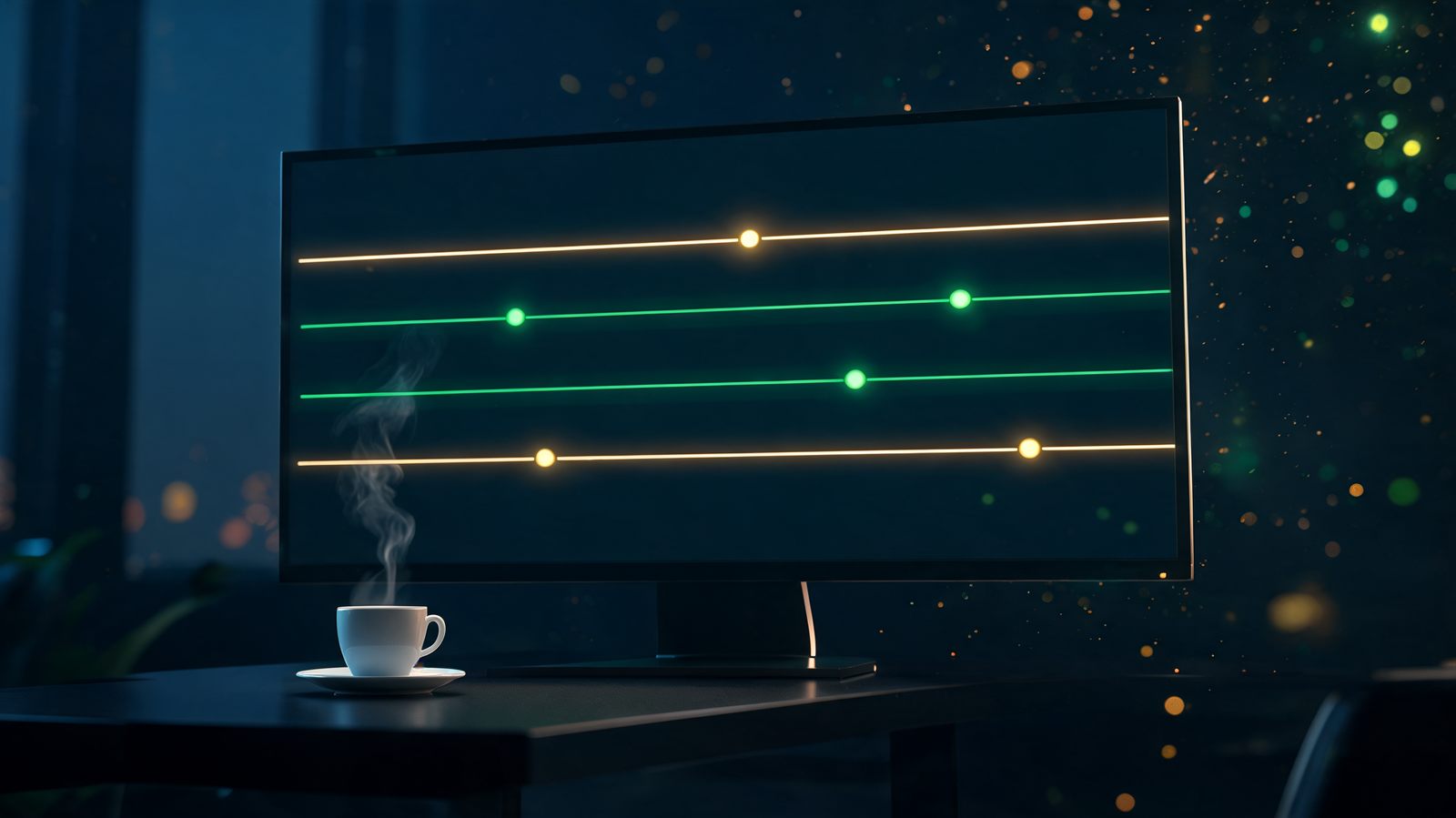 A dark trading screen before the open with a few precise horizontal lines of gold and emerald light drawn across it and small glowing markers at key price levels