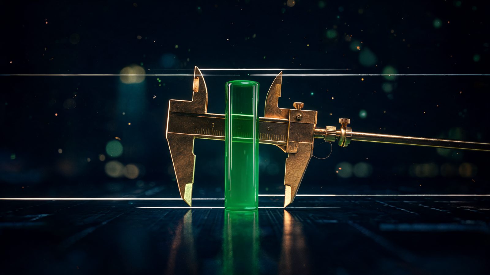 A brass caliper clamped around a single glowing candlestick, with thin laser lines marking a price level above it and below it