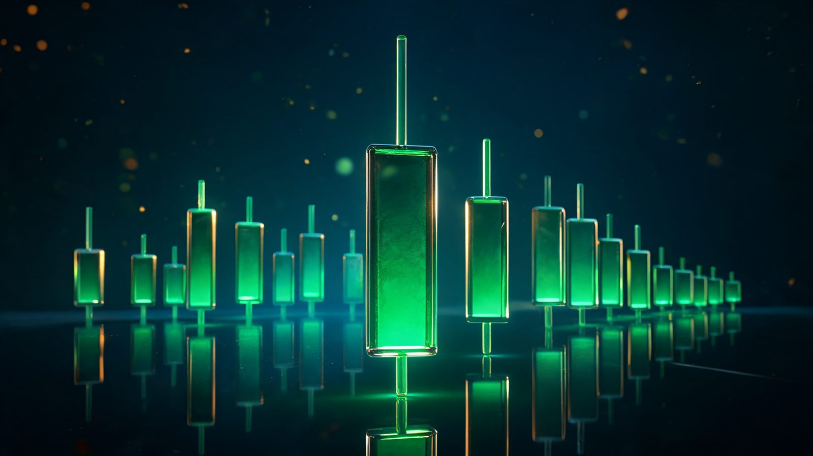 A large glowing green glass candlestick with wicks above and below, standing among a row of smaller candlesticks on a dark reflective surface