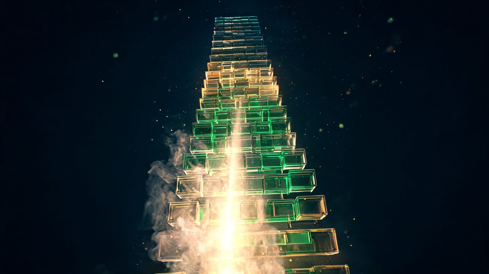 A towering translucent order book ladder in darkness with stacked bid and ask blocks, some dissolving into vapour
