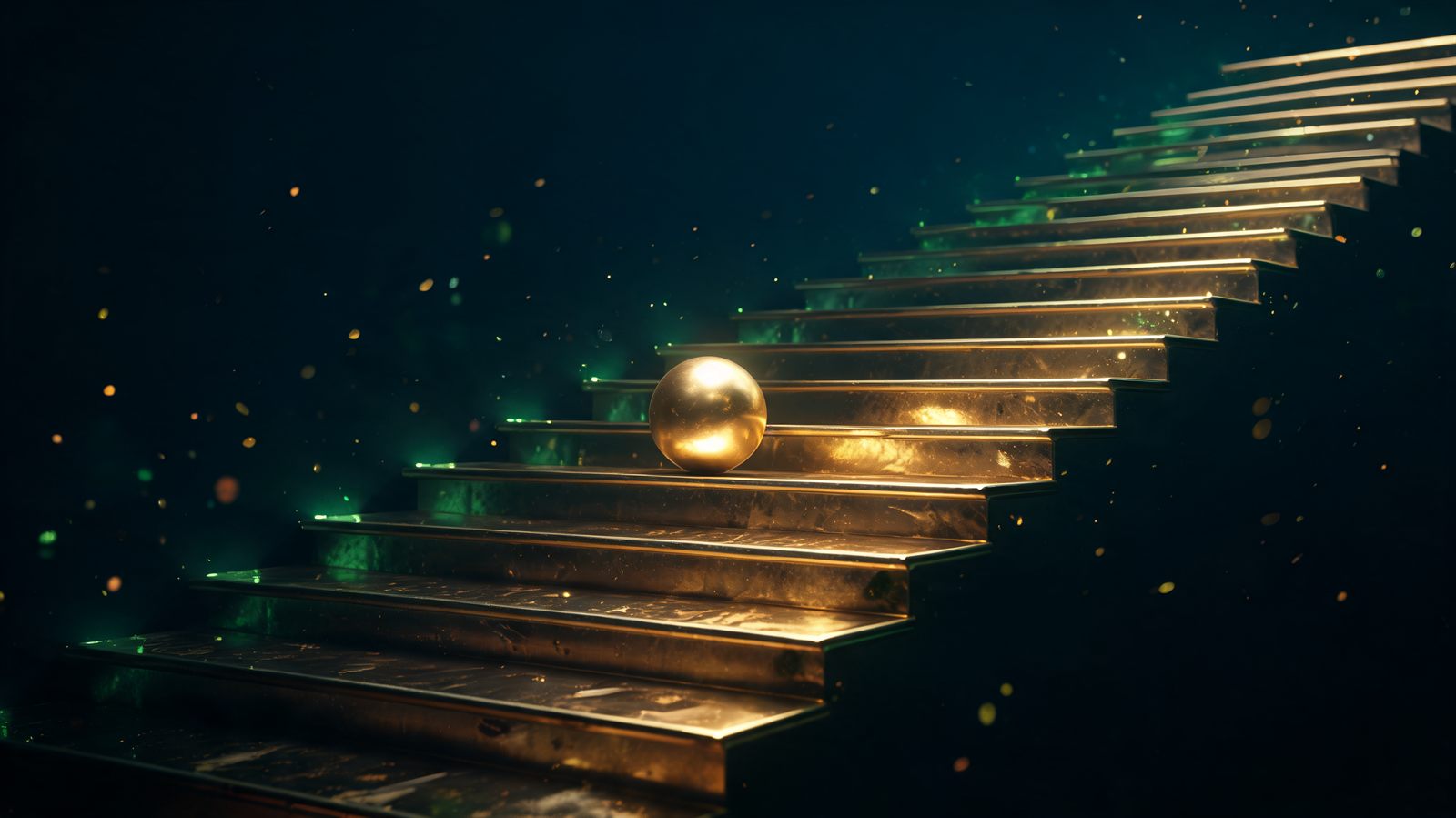 An ascending staircase of polished brass steps rising out of shadow with a single glowing gold sphere resting on a middle step