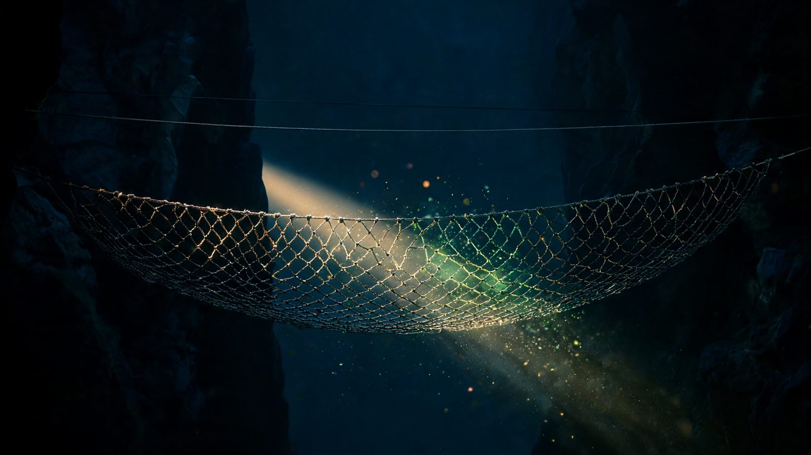 A taut woven safety net stretched across a dark space beneath a thin high wire, lit by a single narrow spotlight