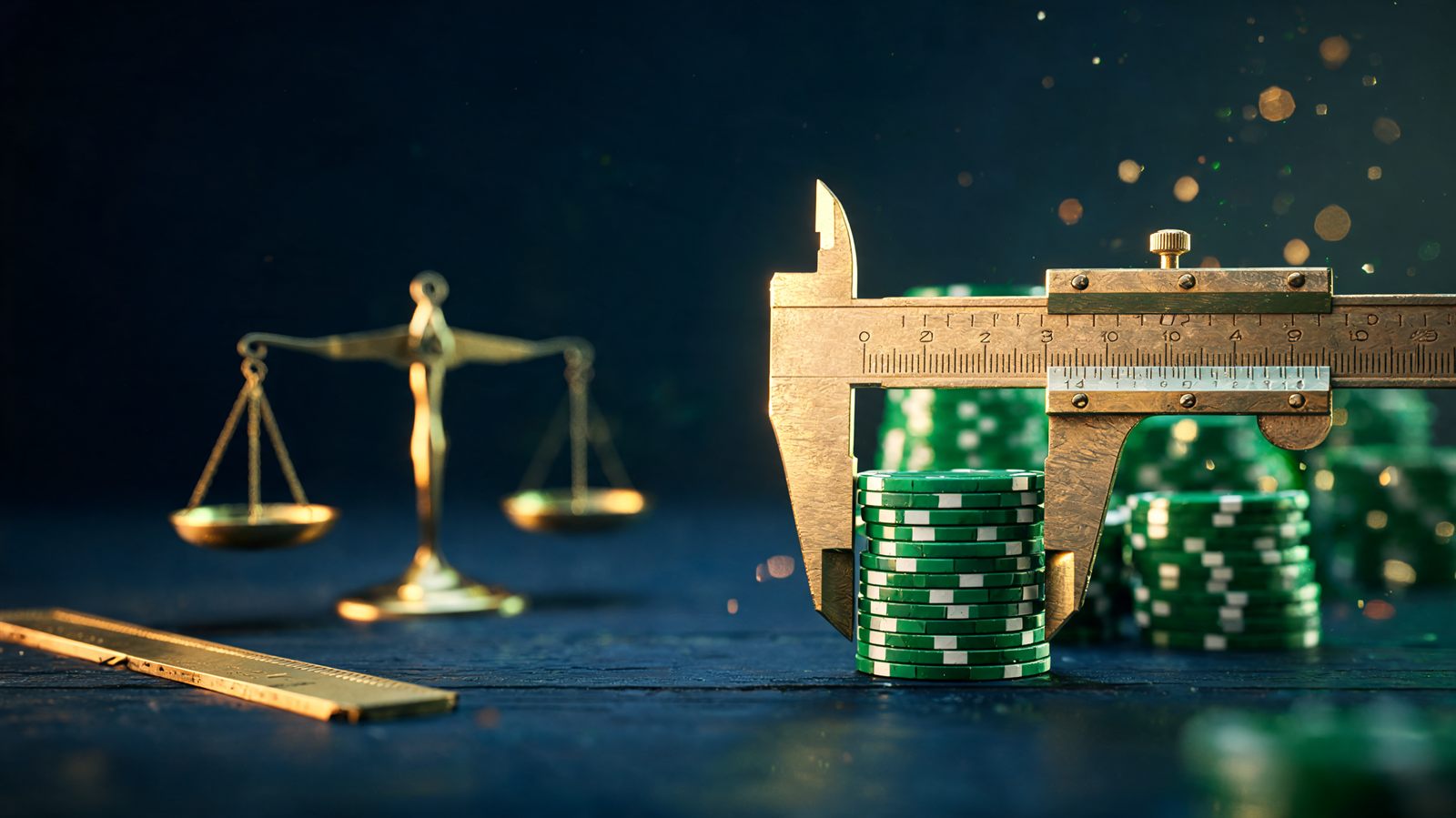 A brass precision caliper on a dark desk measuring a small stack of trading contract chips against a much larger reservoir of chips behind it