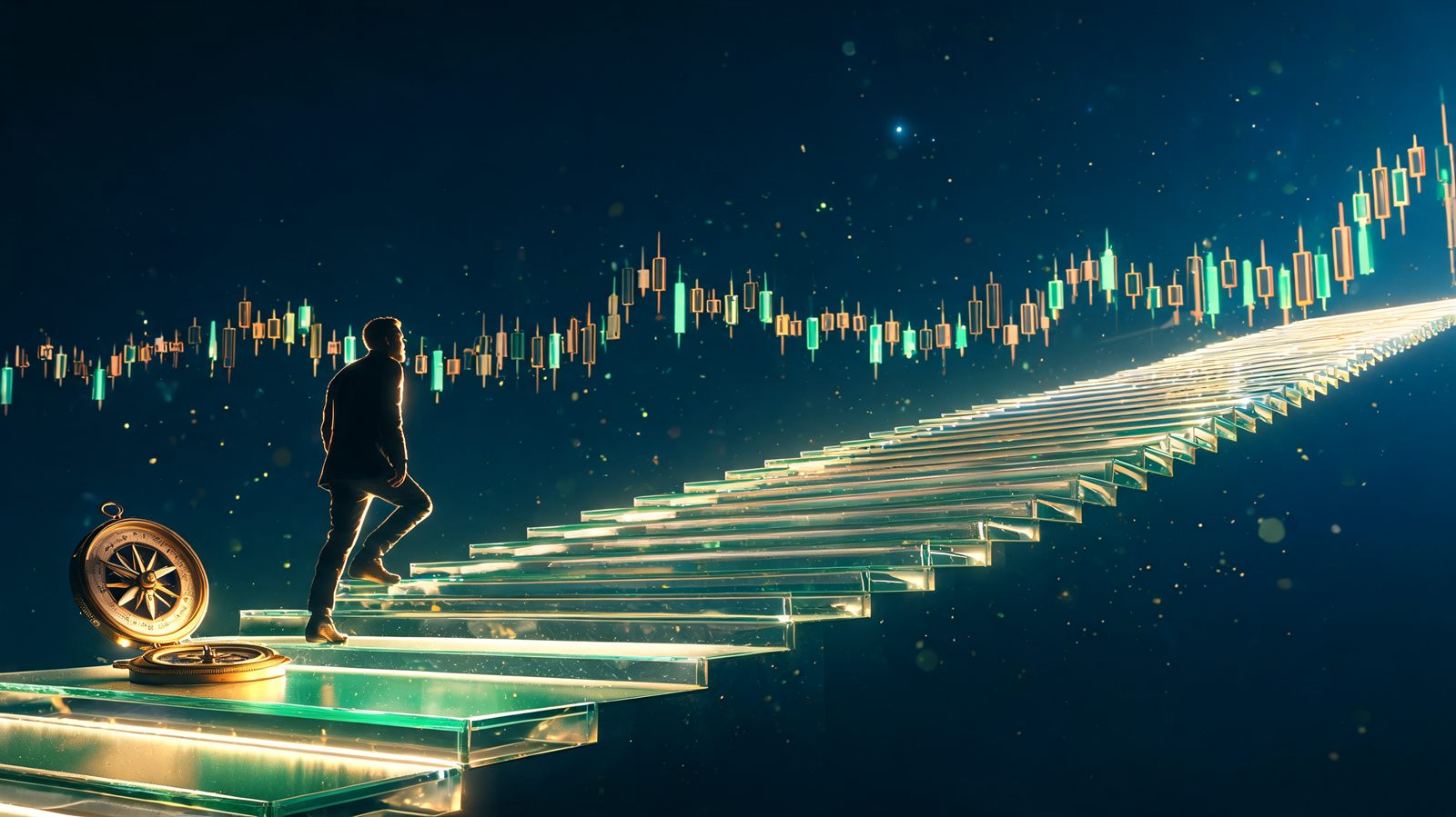 A rising staircase of illuminated glass steps leading toward a candlestick chart horizon with a brass compass on the first step