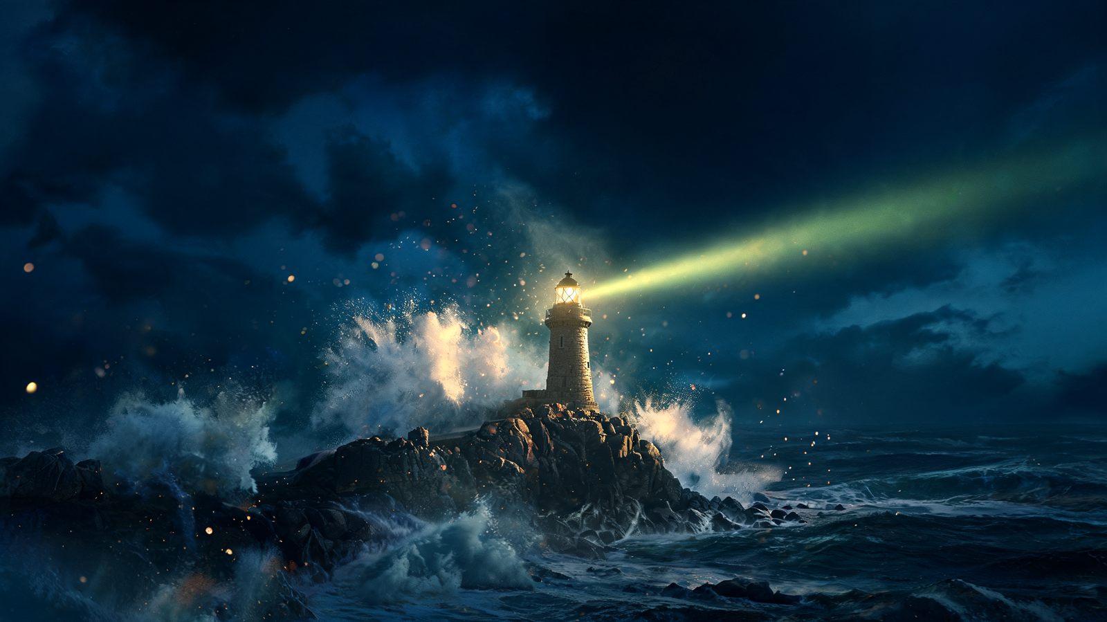 A stone lighthouse holding steady against storm waves at night with its beam cutting through the spray