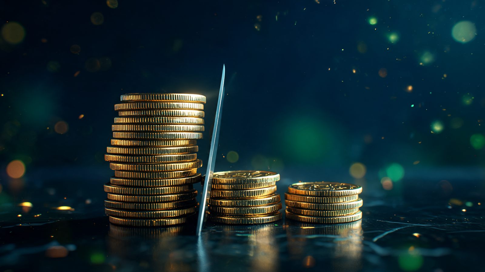A stack of gold coins divided into three uneven portions on a dark polished surface, the largest still standing