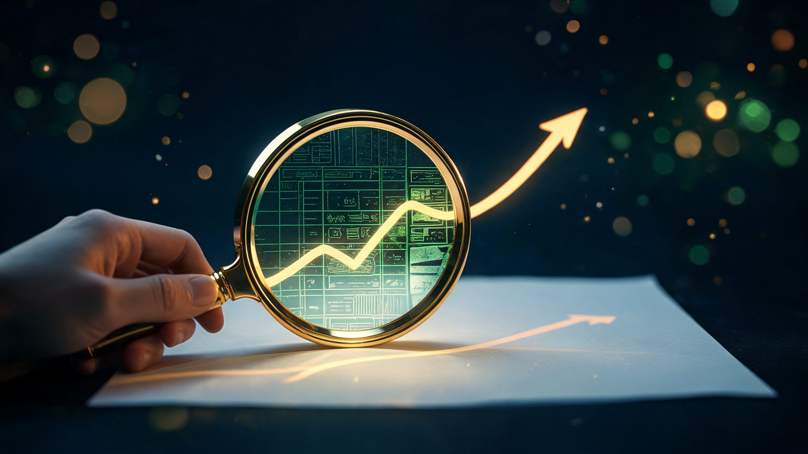 A magnifying glass held over a printed equity curve revealing the underlying trade ledger beneath it