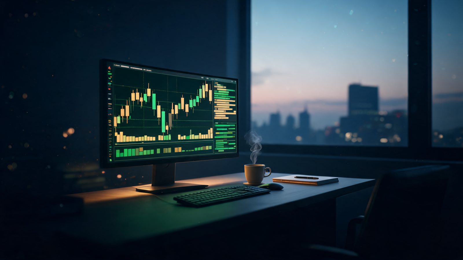 A single quiet trading desk before dawn with one curved monitor showing an index chart and price ladder, notebook and coffee beside the keyboard