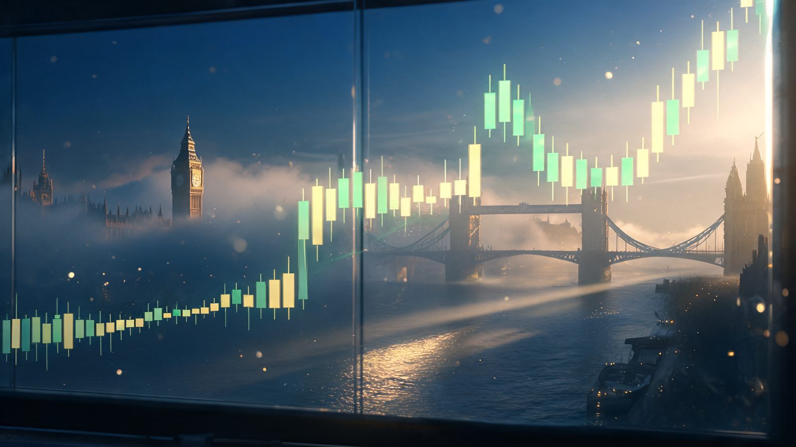 A misty London skyline at dawn with a candlestick chart breaking upward out of a tight range in the foreground