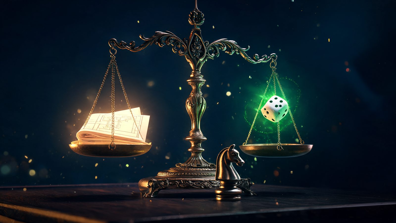 A brass balance scale on a dark desk weighing a folded blueprint glowing gold against a single die caught mid-roll in emerald light, the beam almost level