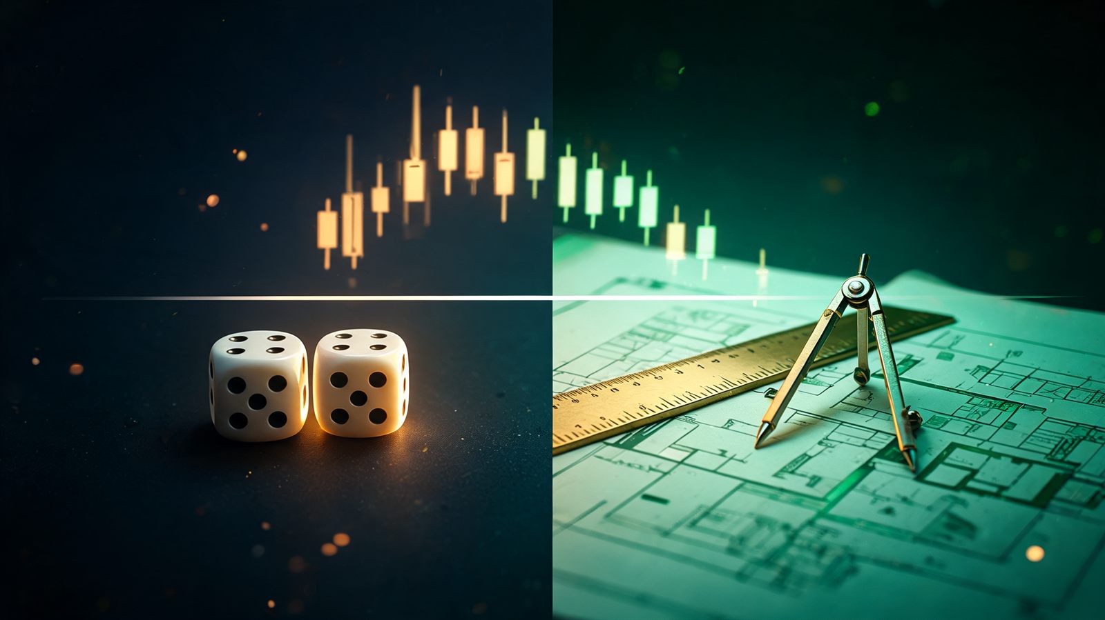A pair of dice on one side of a dark desk and a precise architect's blueprint with compass and rulers on the other, divided by a thin line of light