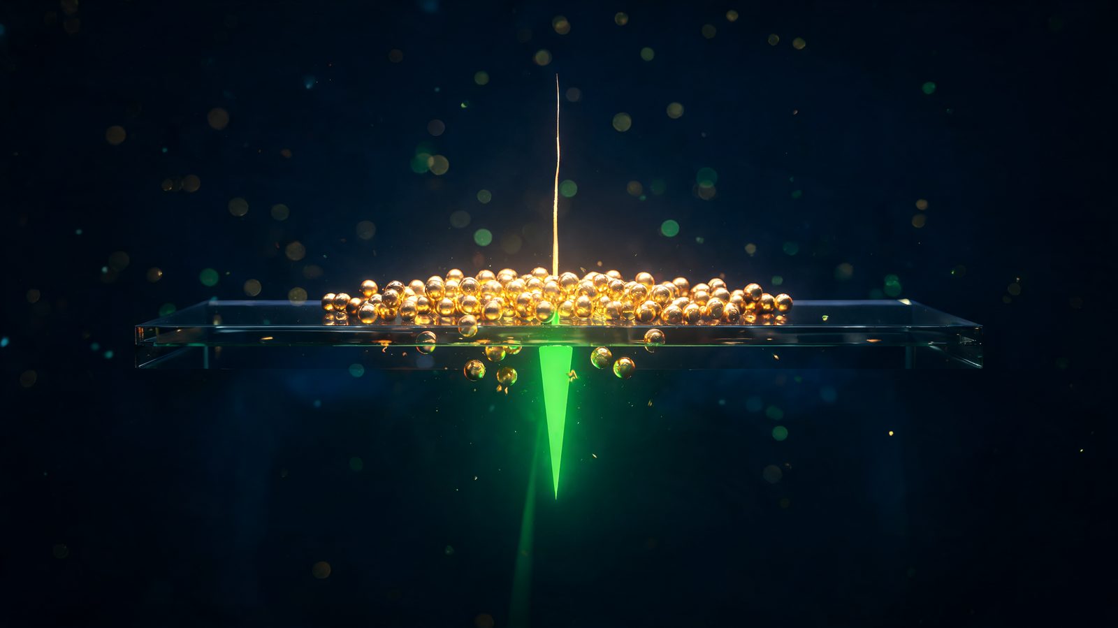 A dense cluster of golden spheres resting on a dark glass shelf while a sharp emerald spike stabs down beneath them and a thin wick of light rises above