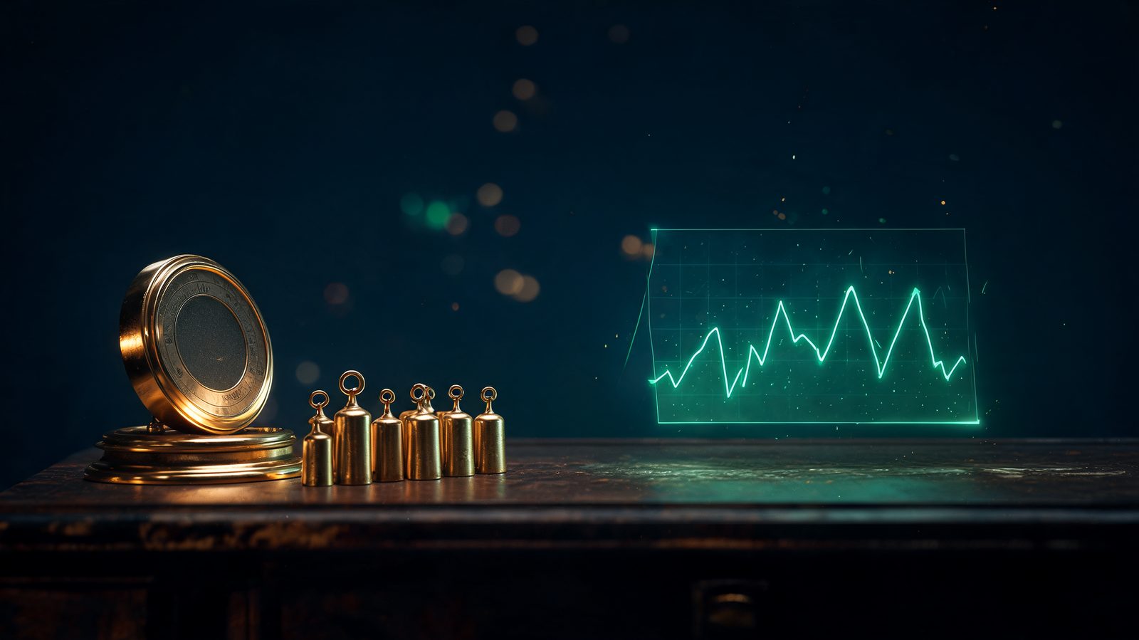 Precision dial and calibration weights beside a floating price chart