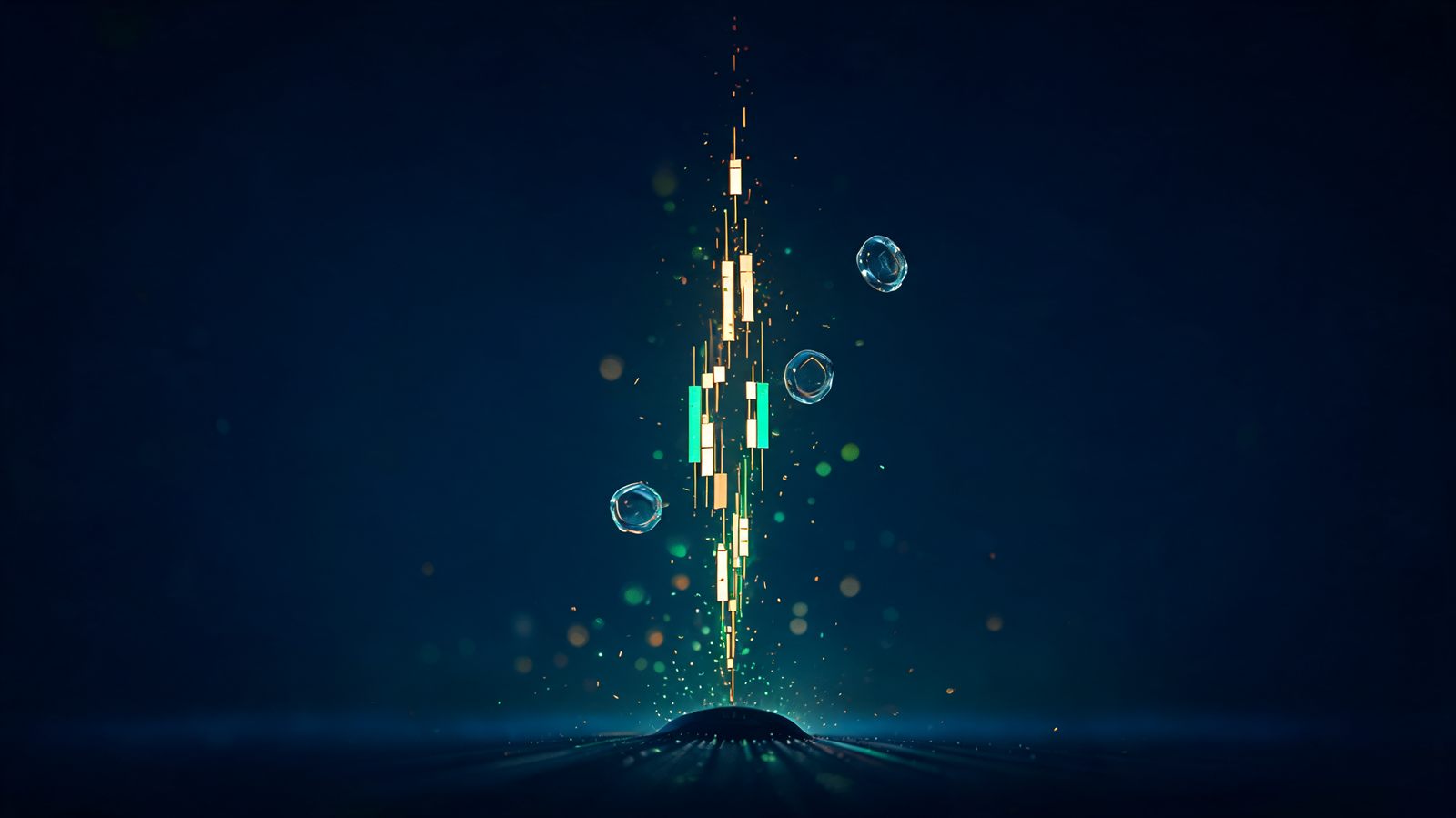 A narrow column of glowing candlestick bars rising steeply out of a compressed base in dark empty space