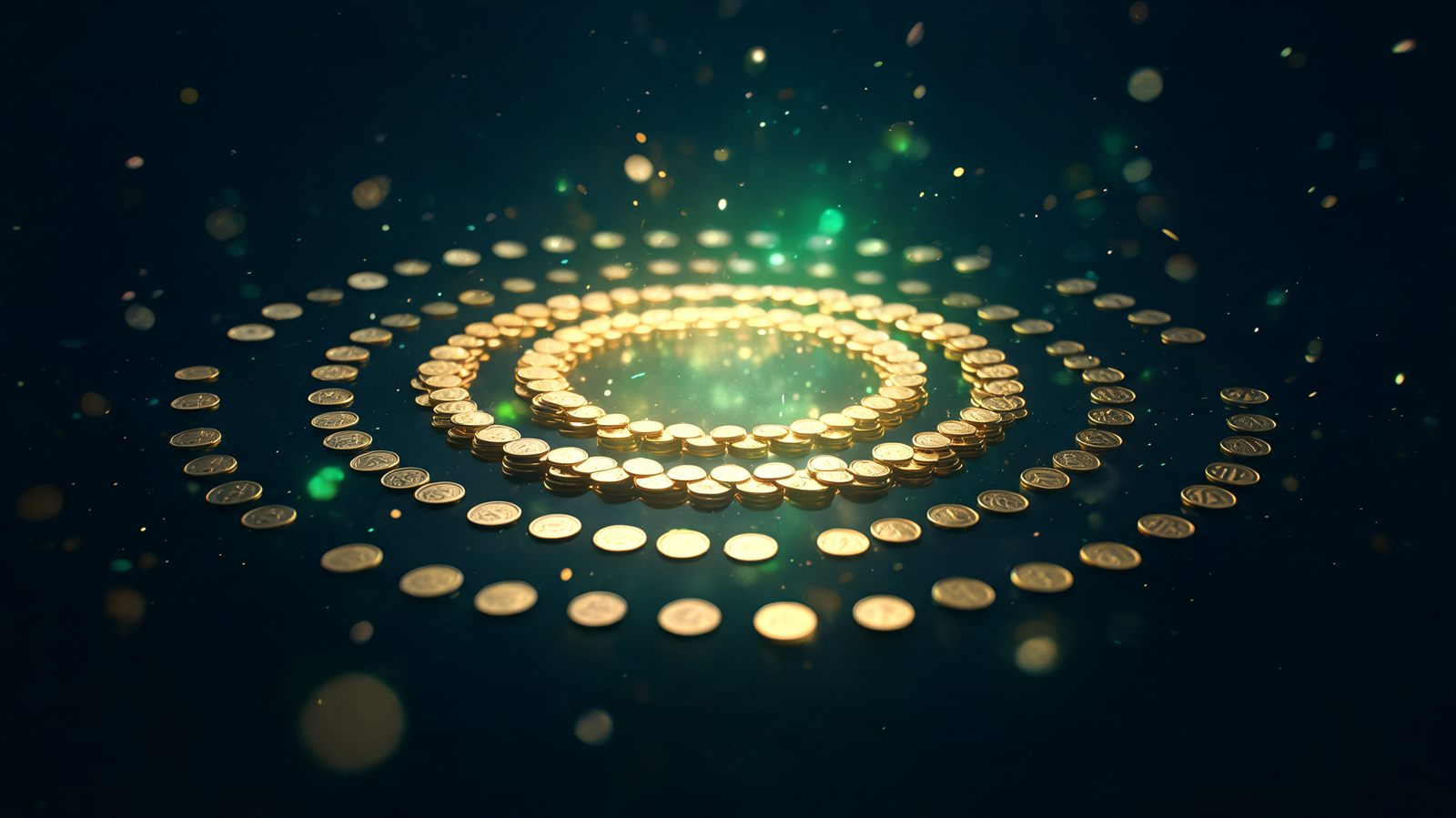 Three concentric rings of glowing coins, dense and bright at the centre and thin and shadowed at the outer edge