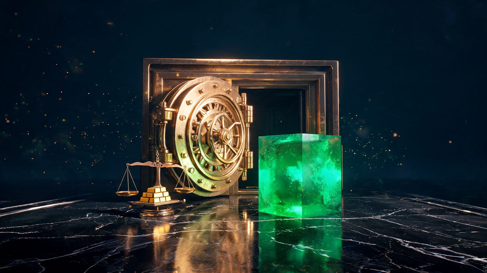 A brass vault door ajar on dark marble with a small stack of gold bars on a scale beside a much larger translucent emerald cube