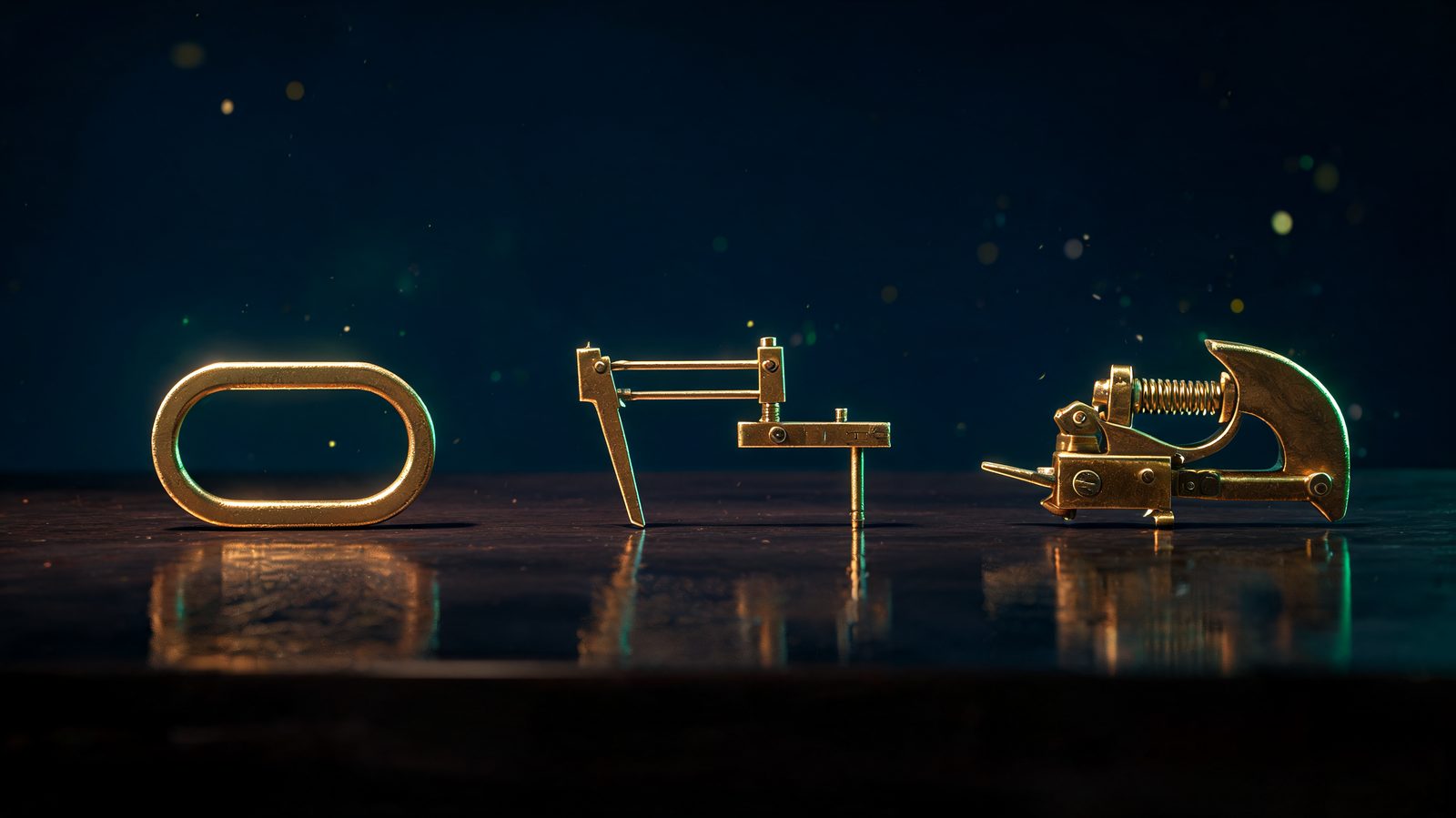 Three antique brass instruments in a row on a dark polished desk: a plain open ring, a precision caliper set to an exact width, and a spring-loaded trigger mechanism