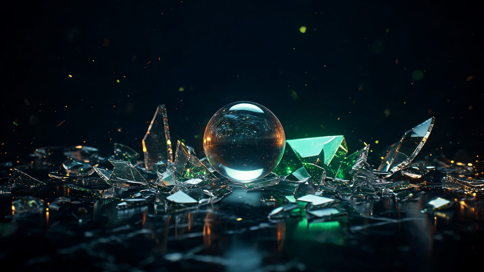 A wide field of shattered glass fragments across a dark polished surface with one intact glass sphere standing unbroken among them