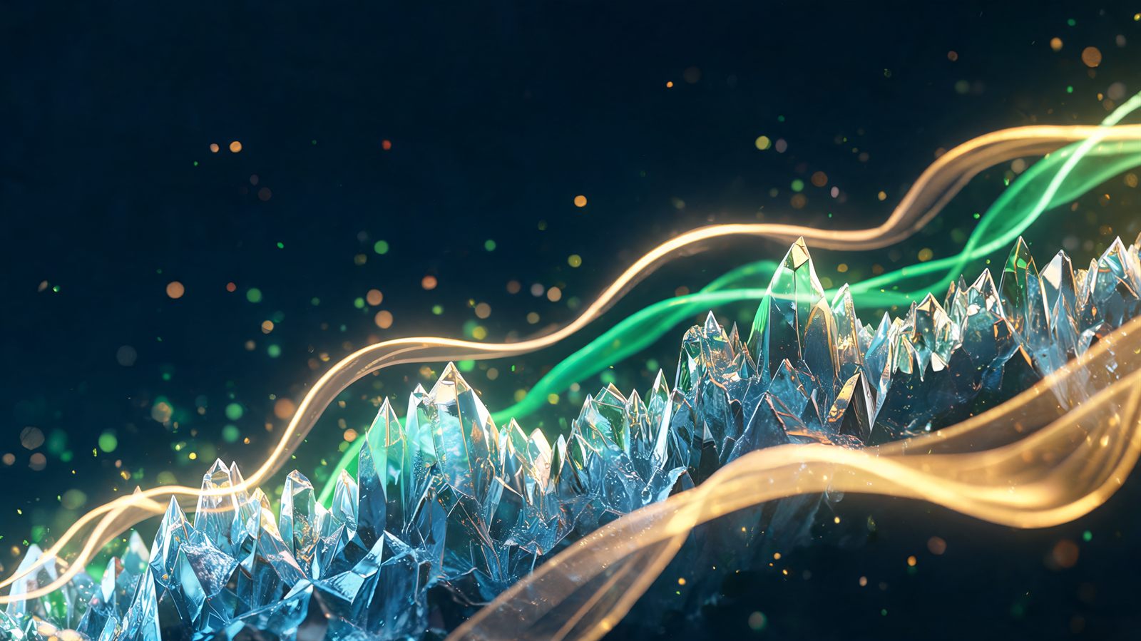 Three translucent ribbons of light of different thicknesses flowing over a jagged crystalline ridge, the thickest one lagging furthest behind the peaks