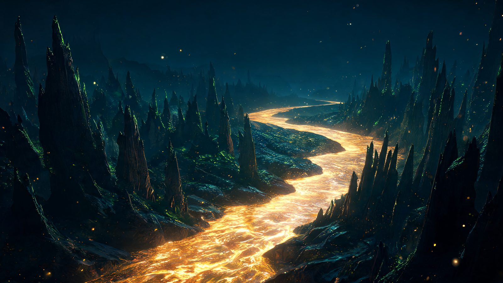 A slow heavy river of molten gold light curving gently through a dark valley of tall candlestick monoliths