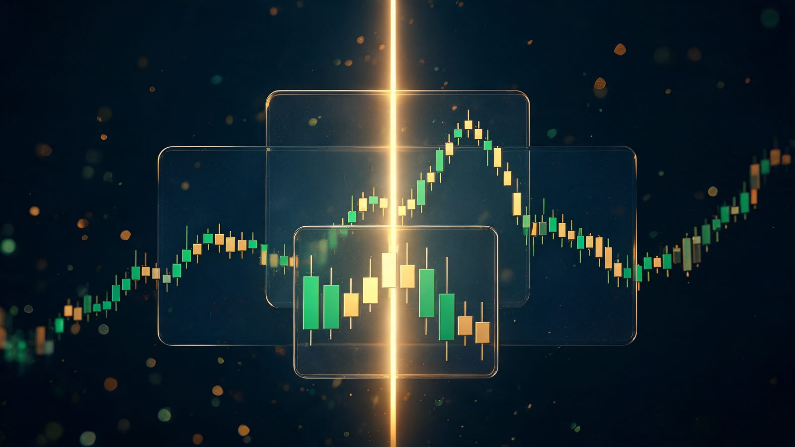Three nested translucent glass panels showing the same candlestick chart at three different zoom levels, aligned on one vertical beam of golden light