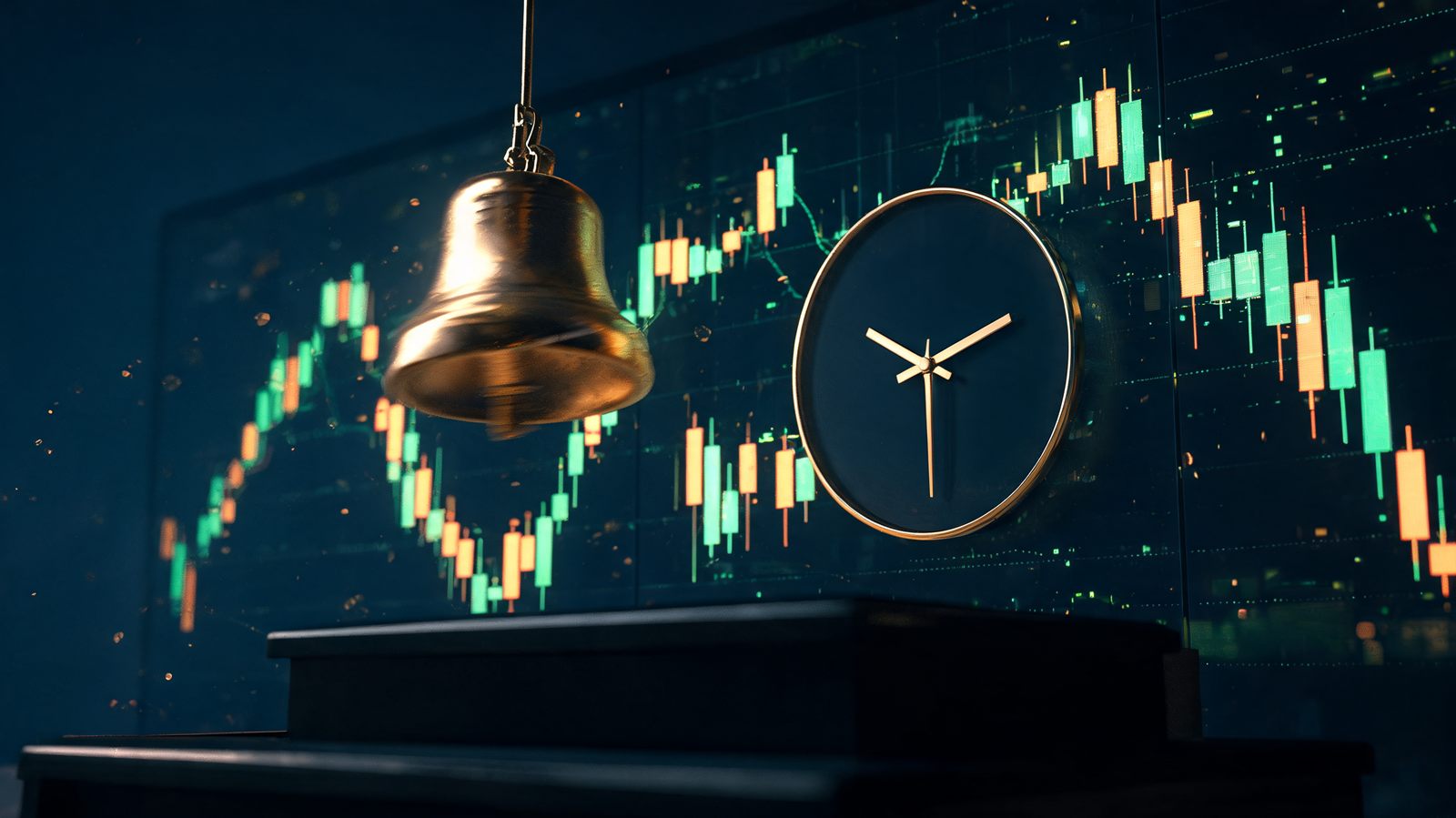 A brass opening bell mid-swing above a dark trading desk with a wall of candlestick charts igniting into motion behind it