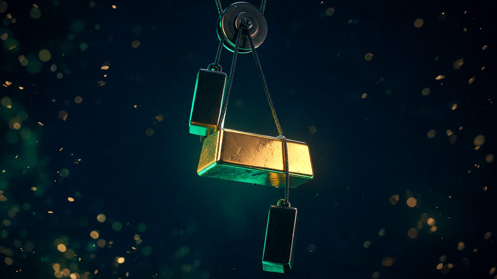 A brass ingot suspended by a taut cable between two counterweights above and below it, linked through a pulley so that when one weight drops the opposing cable falls slack