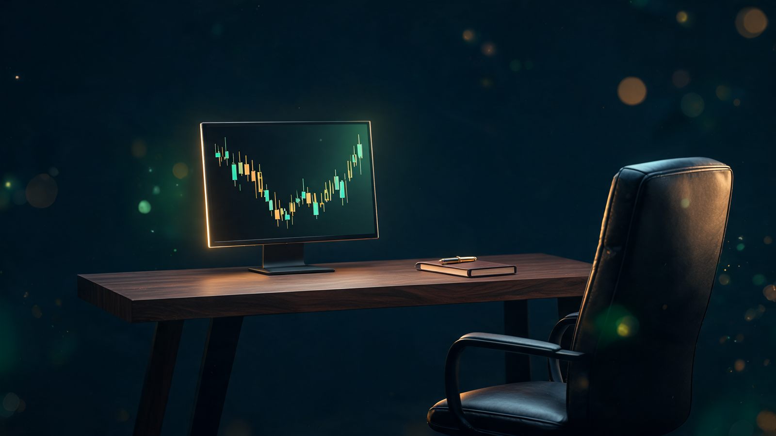 A single glowing monitor showing one candlestick chart on an otherwise empty dark walnut desk, with a closed notebook, a gold pen and an empty chair