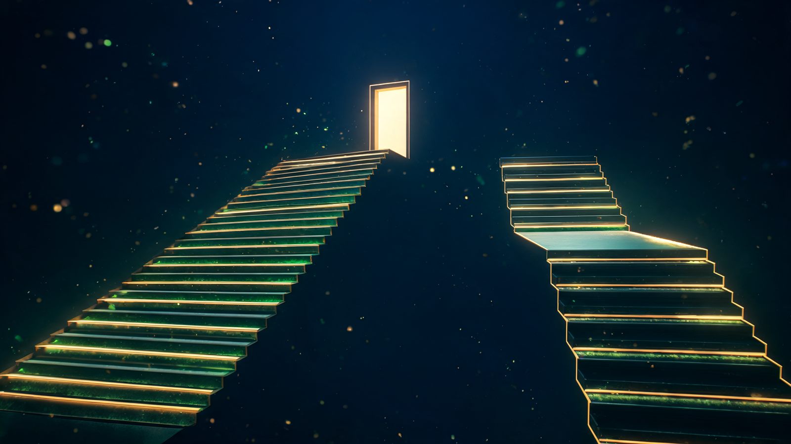 Two glowing staircases rising toward the same distant doorway, one a single unbroken flight and the other split into two shorter flights with a landing