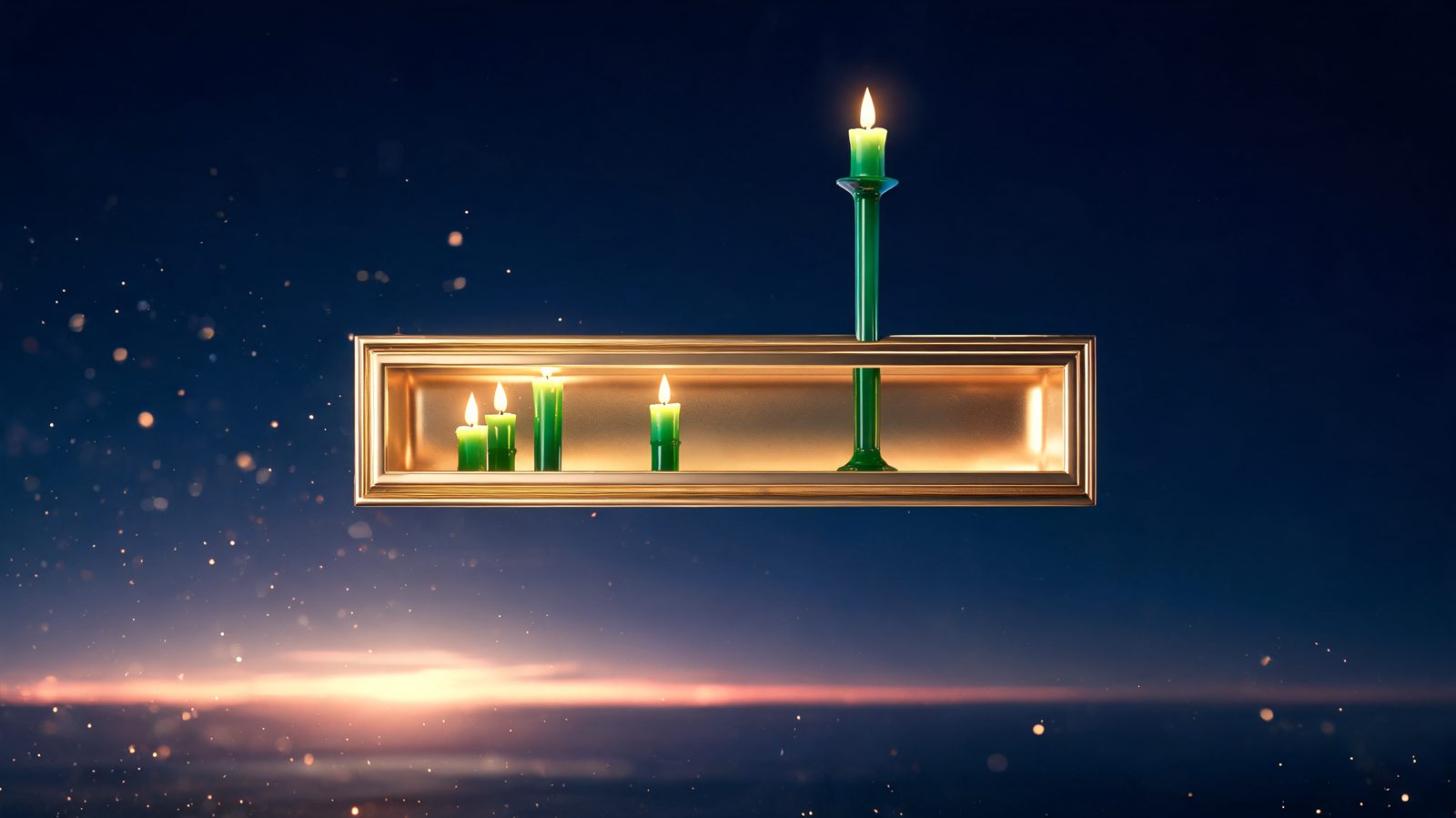 A narrow gold-framed box floating at dawn holding several short green candles, with one tall green candle rising cleanly up through its upper edge