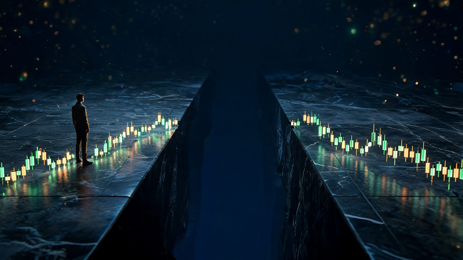 A wide chasm splitting a stone trading floor with a glowing candlestick path broken across the gap