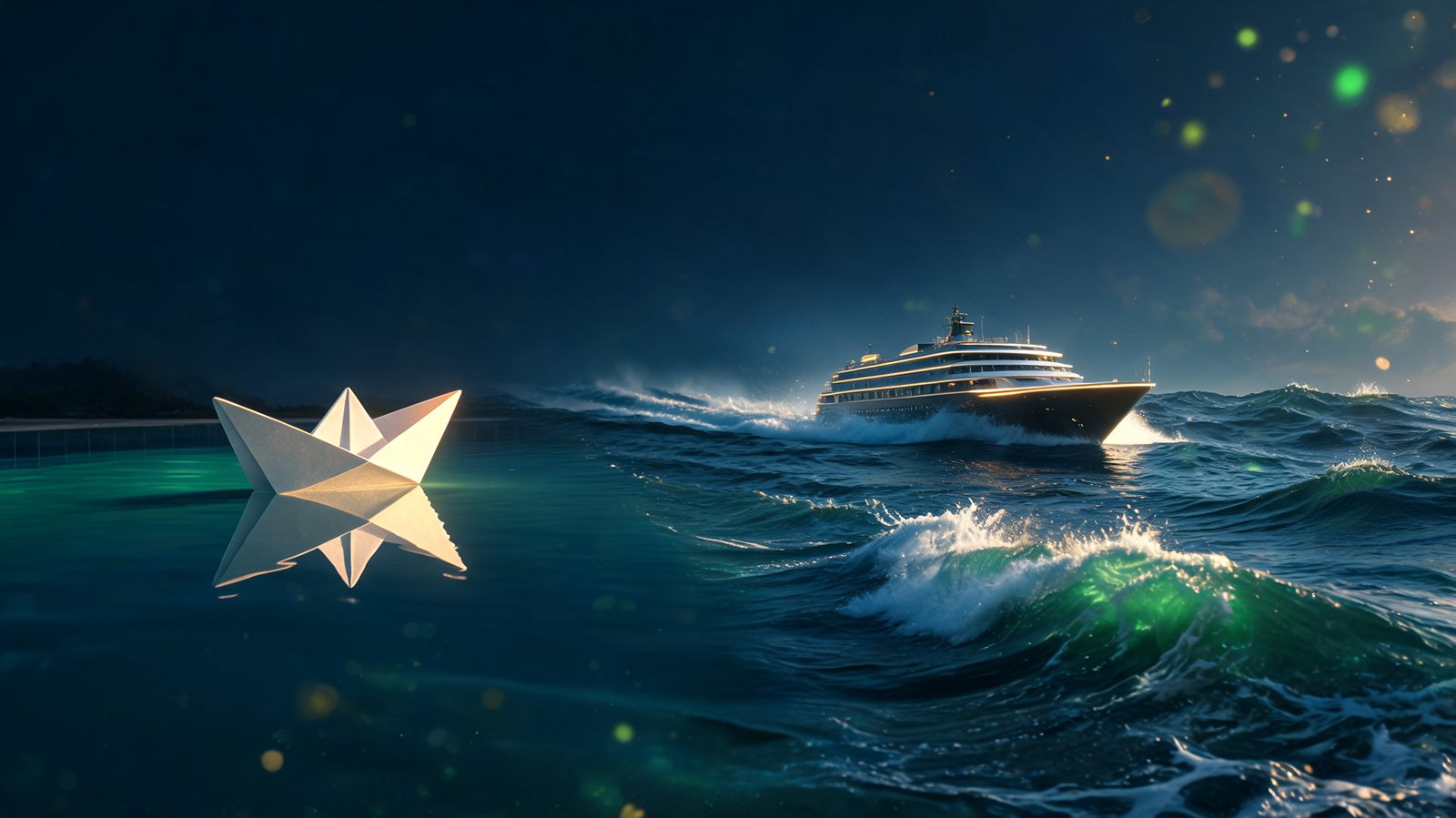 A paper boat on a still mirrored pool transforming into a real ship on open choppy water