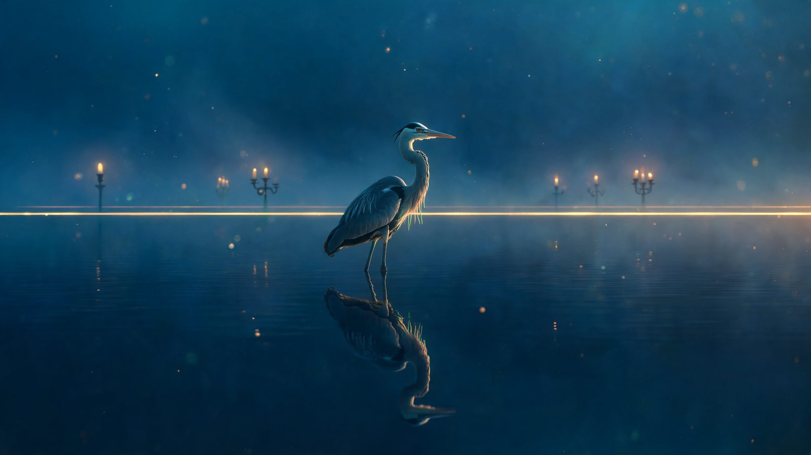 A heron standing perfectly still in dark mirrored water at dawn, its reflection unbroken, watching a single glowing gold level line drawn across the surface