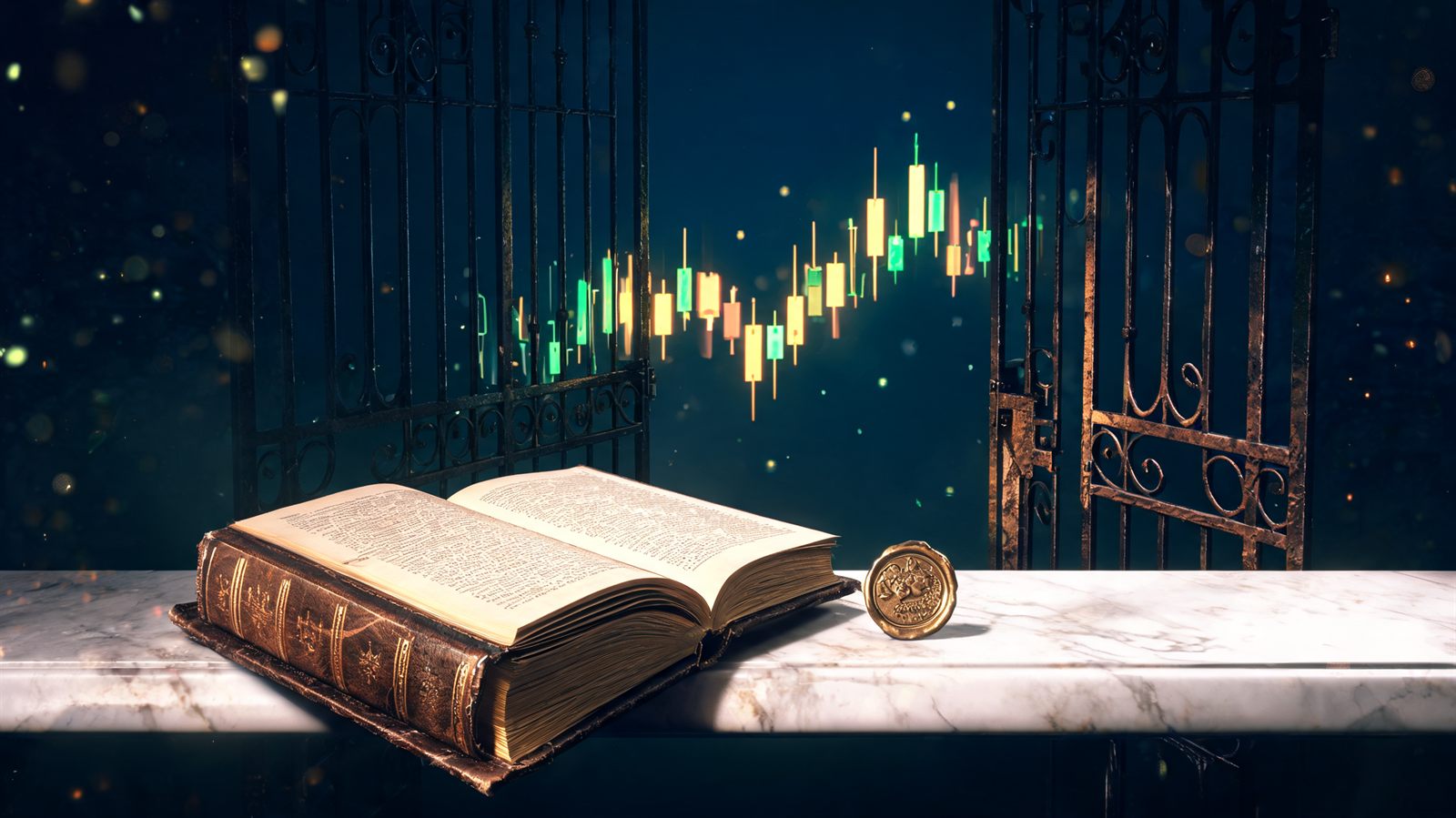 An open rulebook on a marble ledge with a barrier gate lifting to reveal a glowing candlestick chart behind it