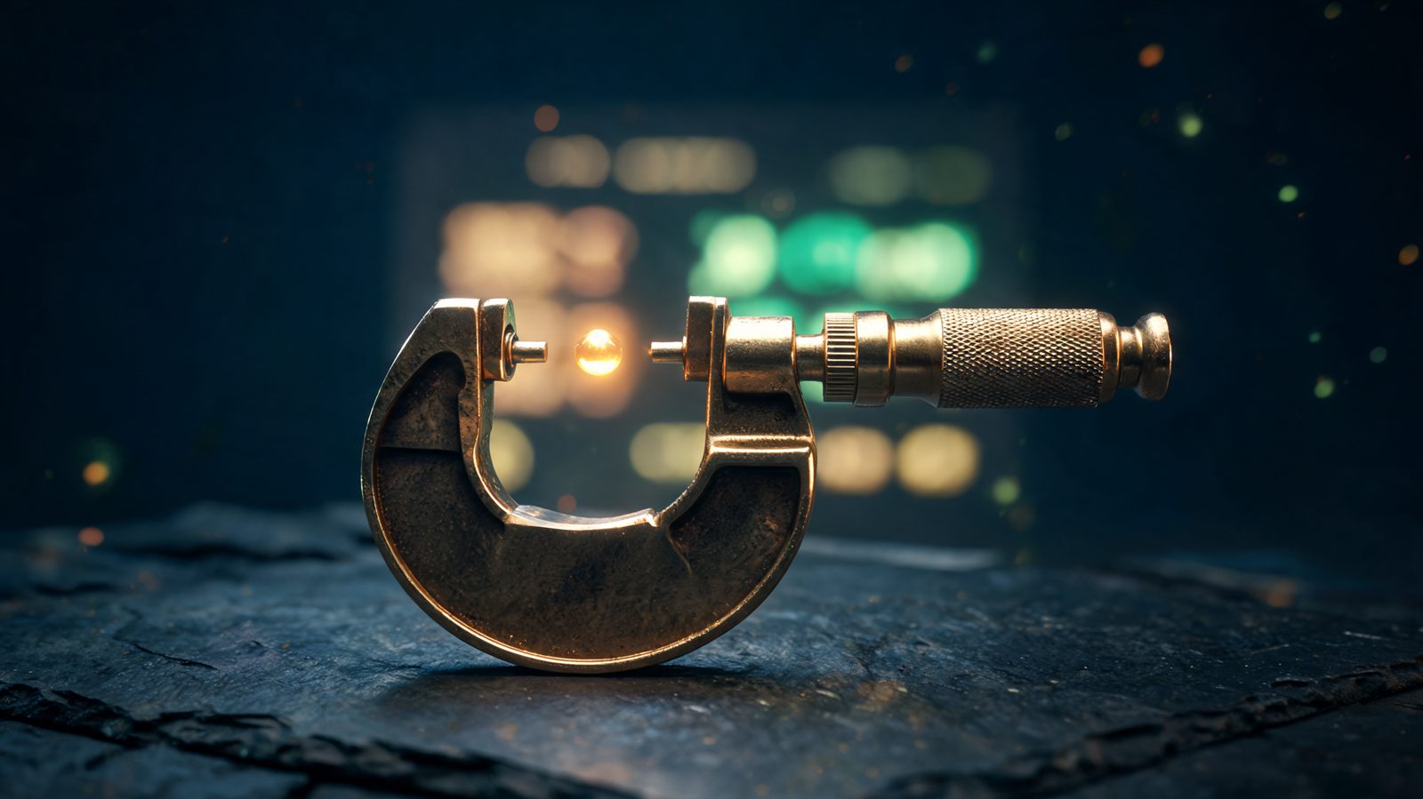 A polished brass micrometer on a dark slate desk with its jaws framing a single tiny glowing gold droplet of light, a blurred currency board behind it