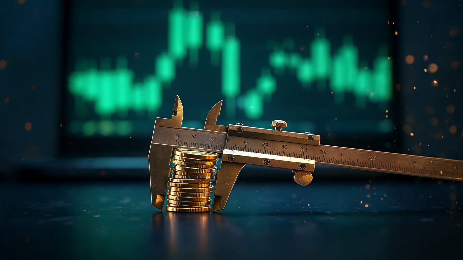 A brass dial caliper on a dark polished desk with its jaws closed precisely around a small stack of gold coins, an emerald-lit candlestick chart glowing on a screen behind